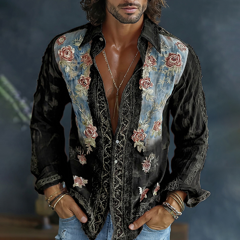 Men's Spring Floral Embroidered Art Print Flowy Linen Blend Casual Shirt