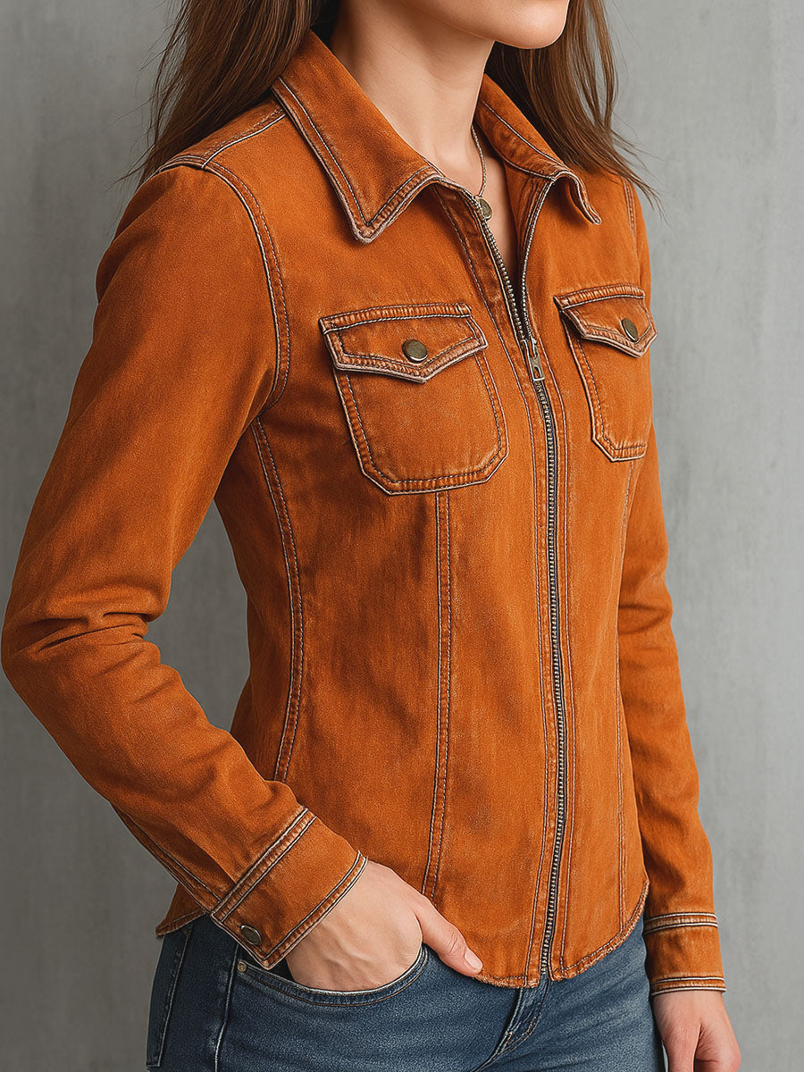 Vintage Burnt Orange Utility Zip Denim Jacket