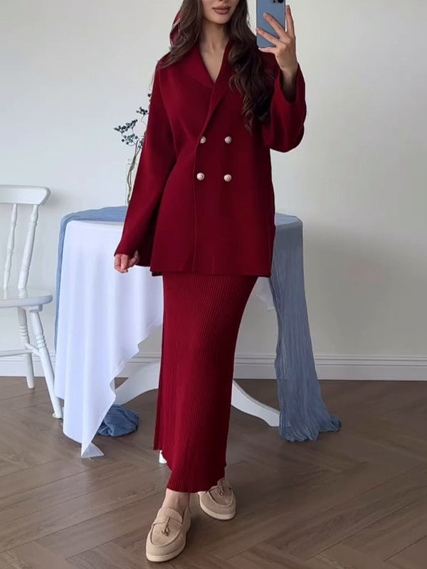 Fashion button long sleeve solid color skirt set