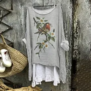 Flower And Bird Embroidery Art Print Casual Loose Blouse