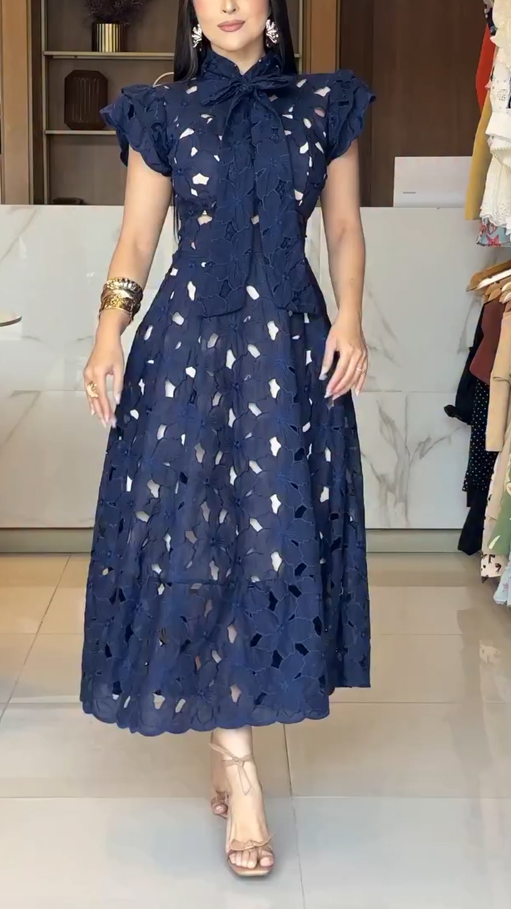 Ladies' Round Neck Printed Hollow Strap Elegant Casual Dress