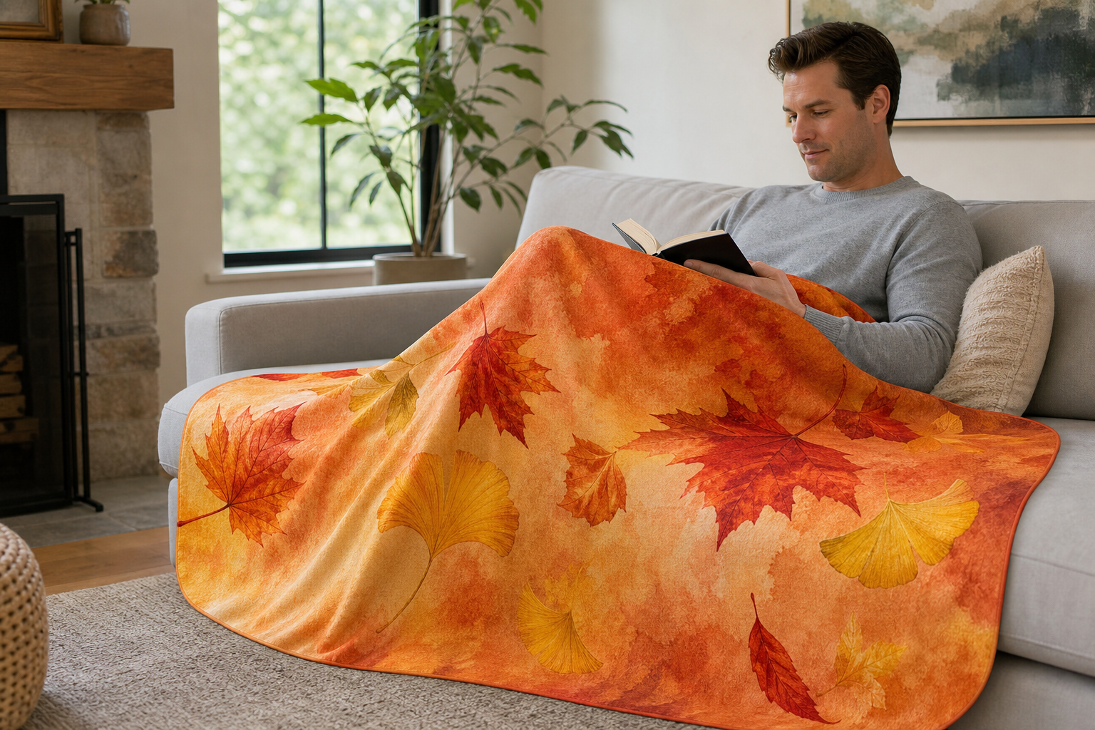 Leaf Print Throw Blanket Flannel