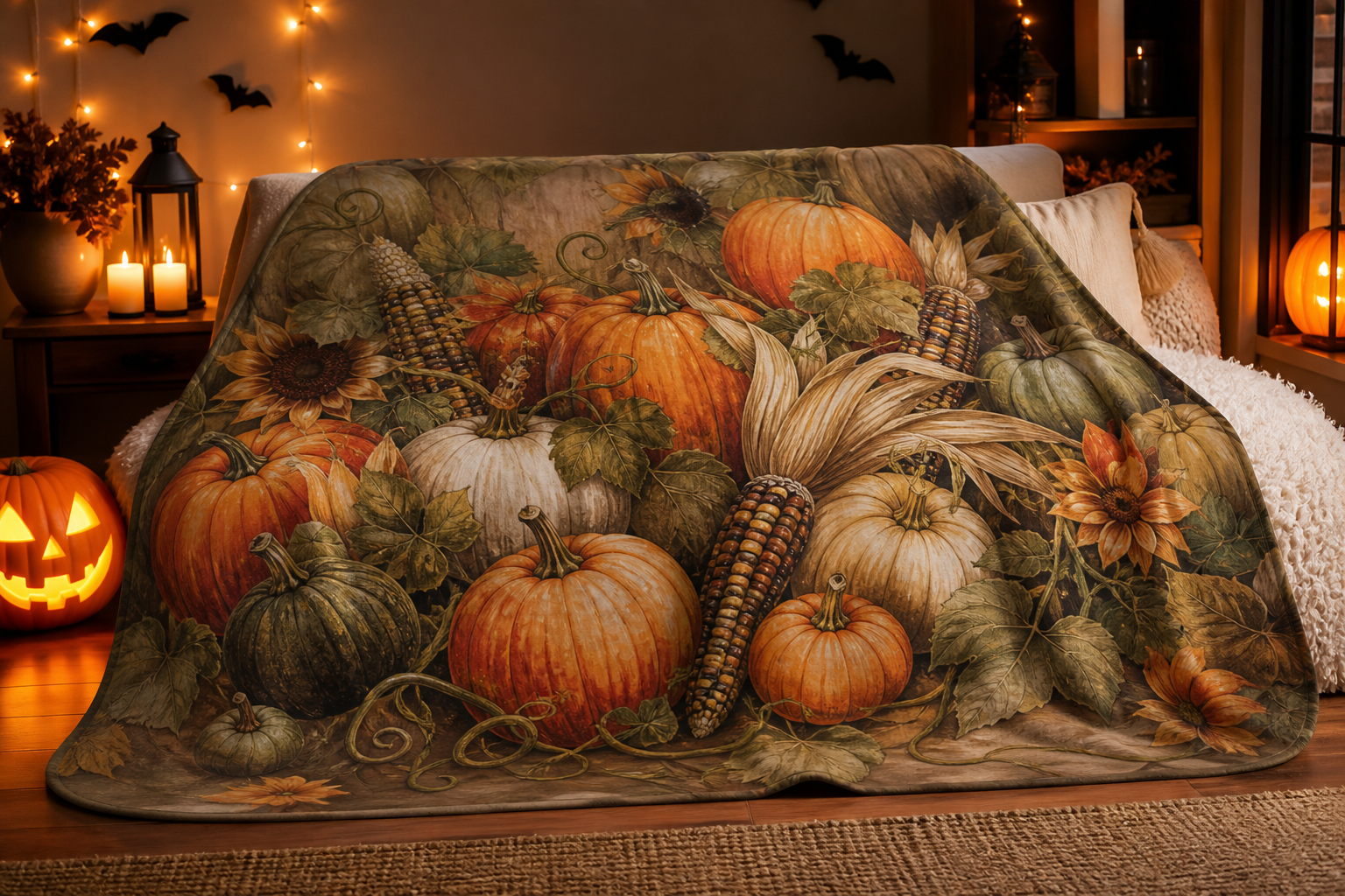 Harvest Pumpkin Print Throw Blanket Flannel