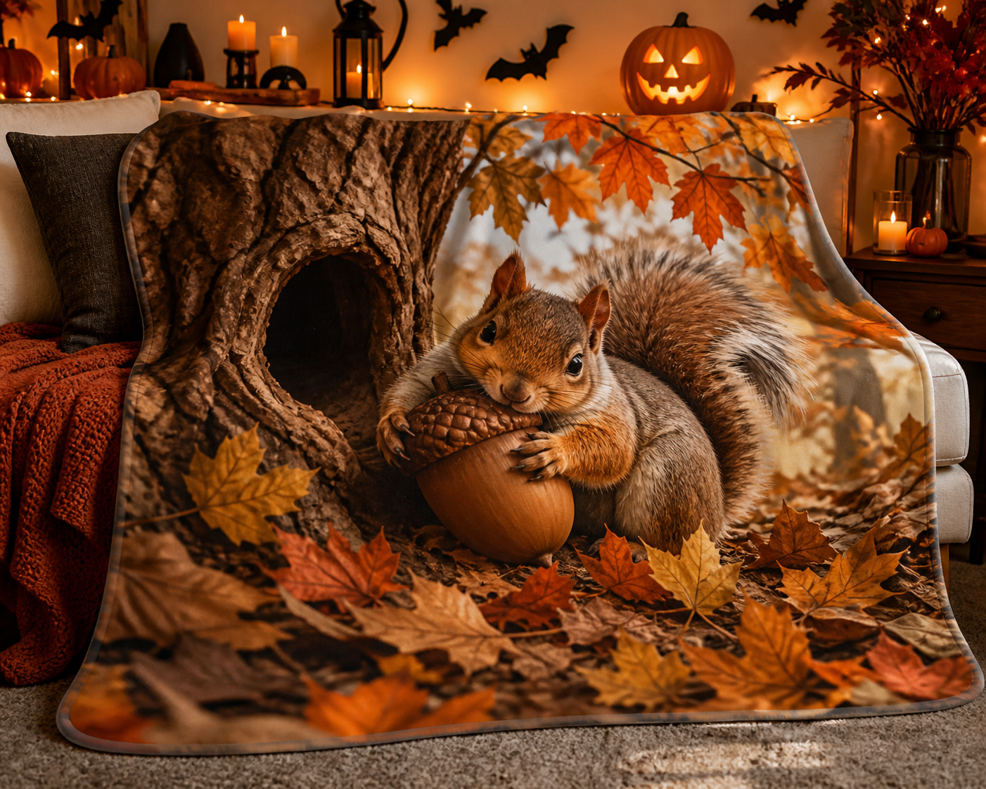 Squirrel Acorn Tree Hollow Throw Blanket Flannel