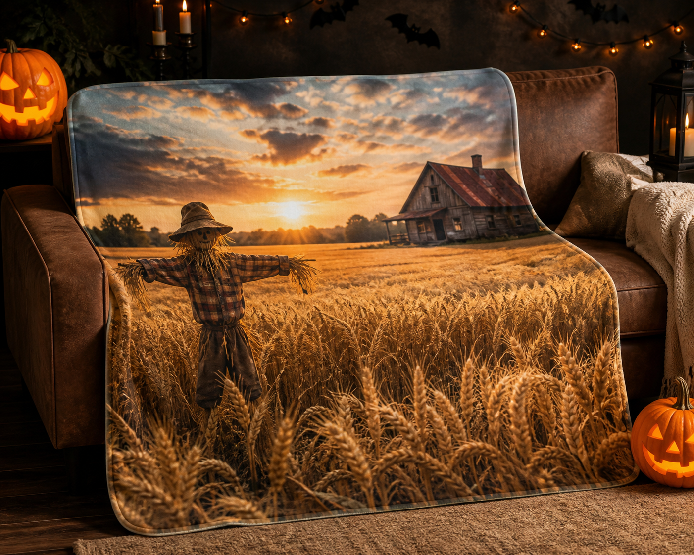 Scarecrow Field Print Throw Blanket Flannel