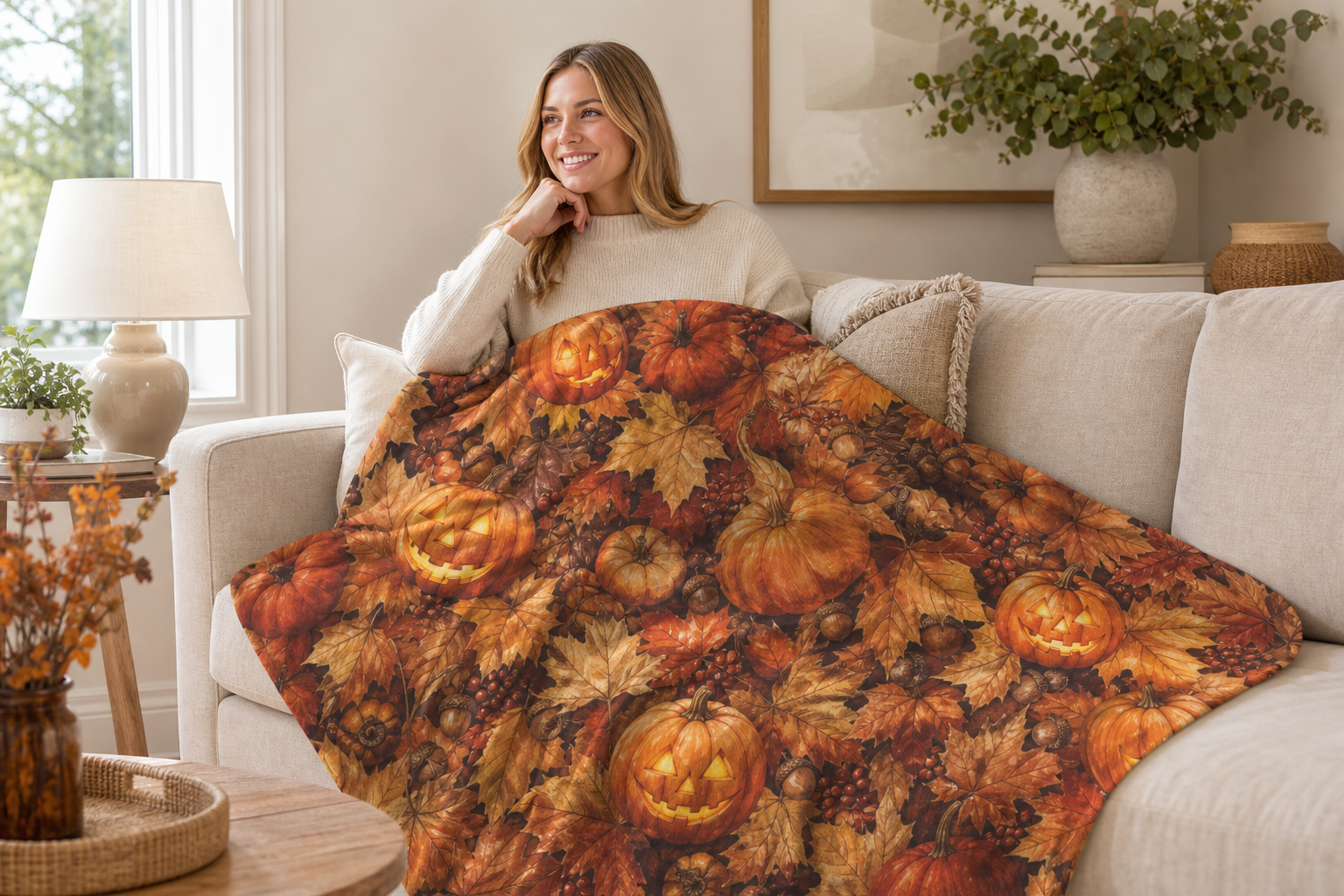 Leaves Pumpkins Throw Blanket Flannel