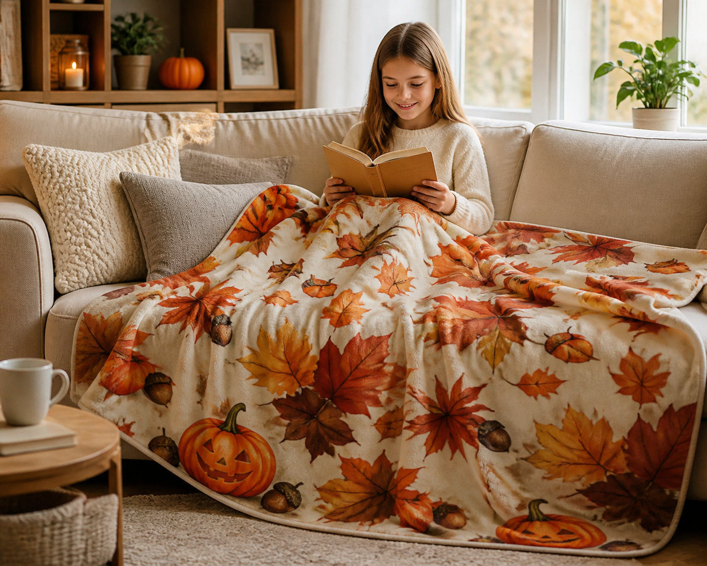 Leaves Pumpkins Throw Blanket Flannel