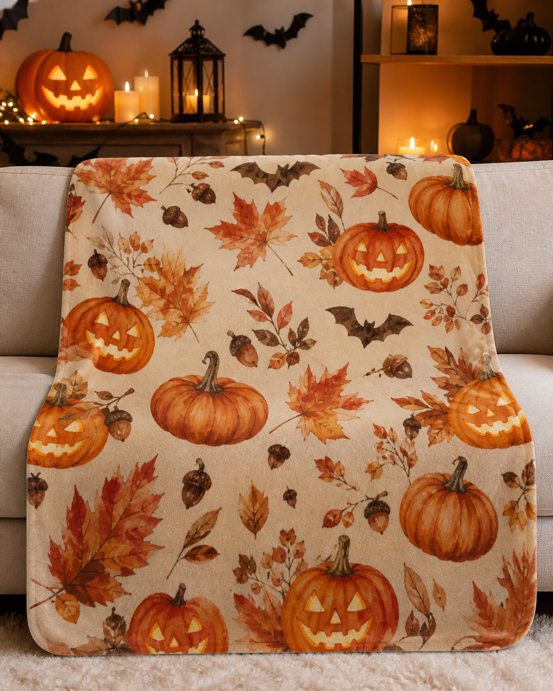 Leaves Pumpkins Throw Blanket Flannel