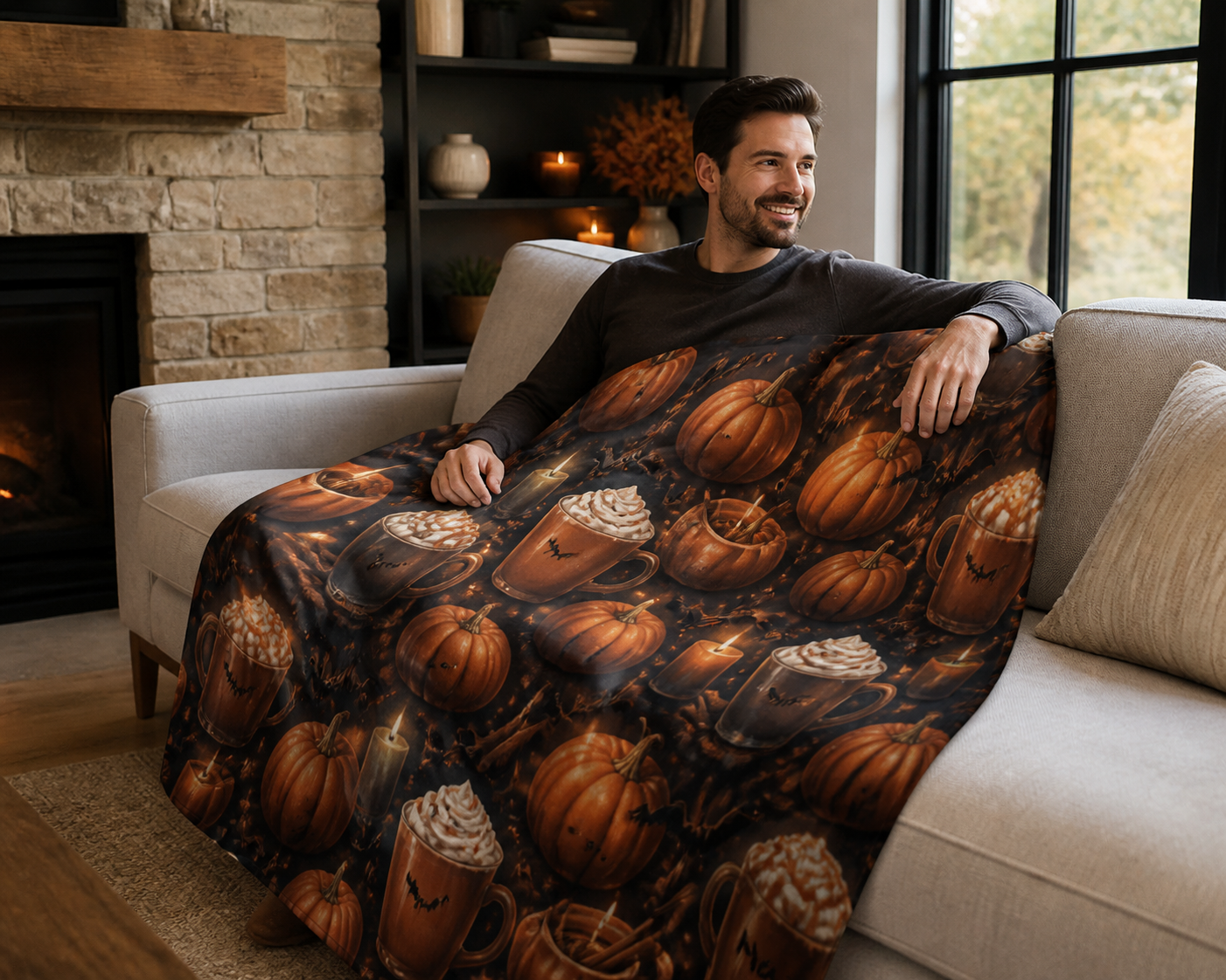 Pumpkin Spice Hot Cocoa Throw Blanket Flannel