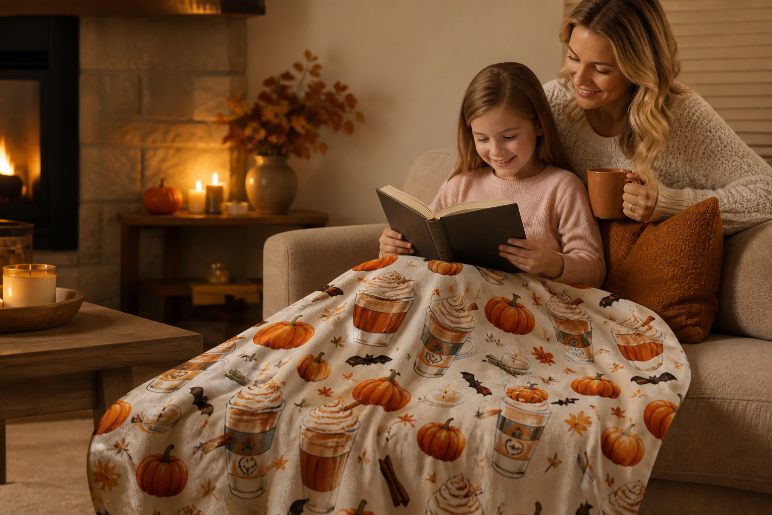 Pumpkin Spice Hot Cocoa Throw Blanket Flannel