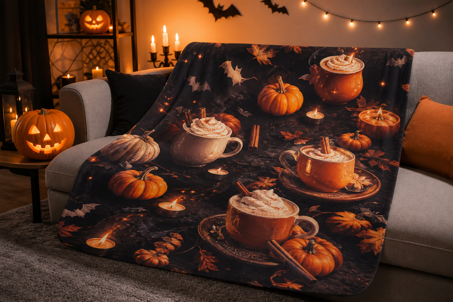 Pumpkin Spice Hot Cocoa Throw Blanket Flannel