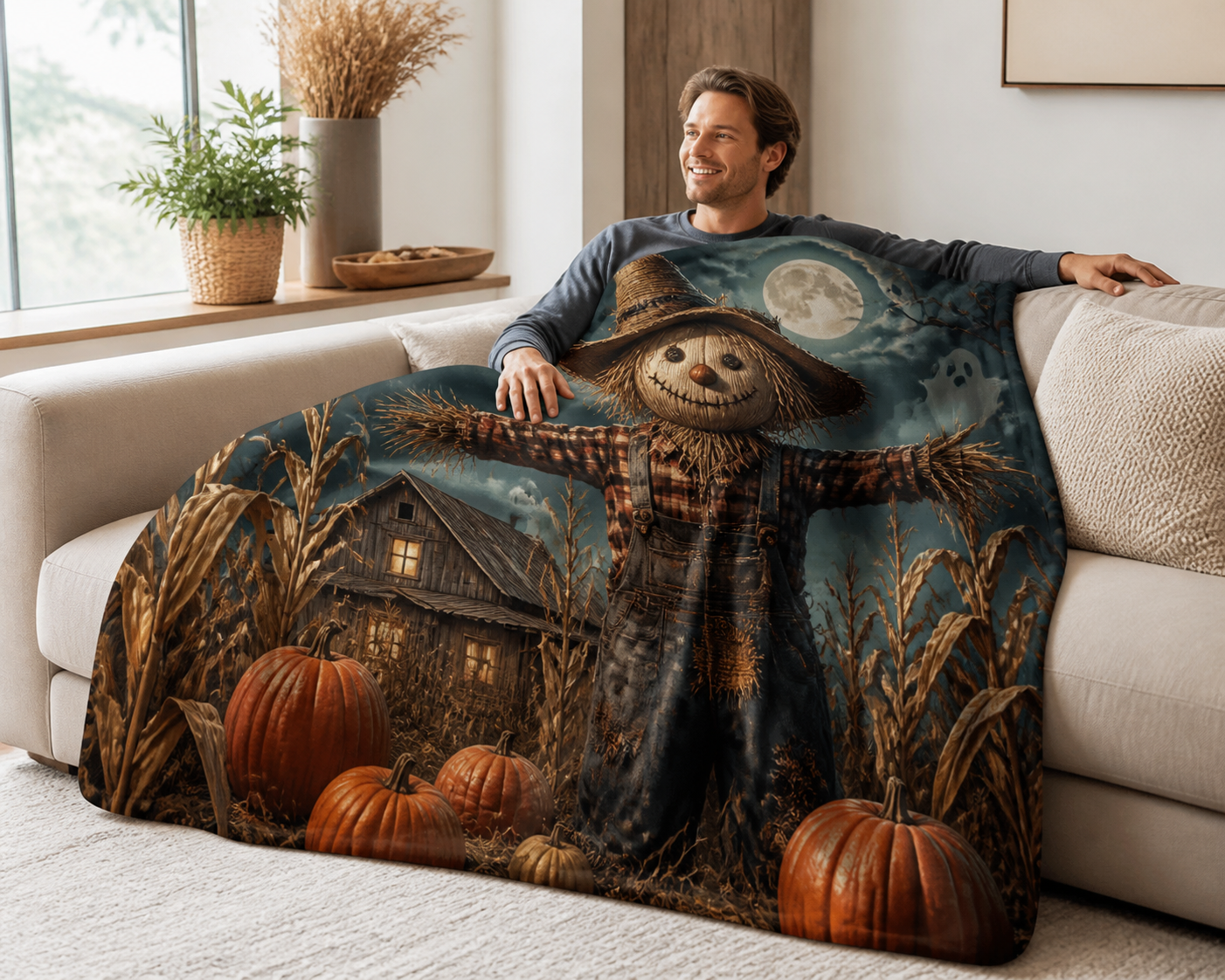 Scarecrow Moonlit Night Throw Blanket Flannel