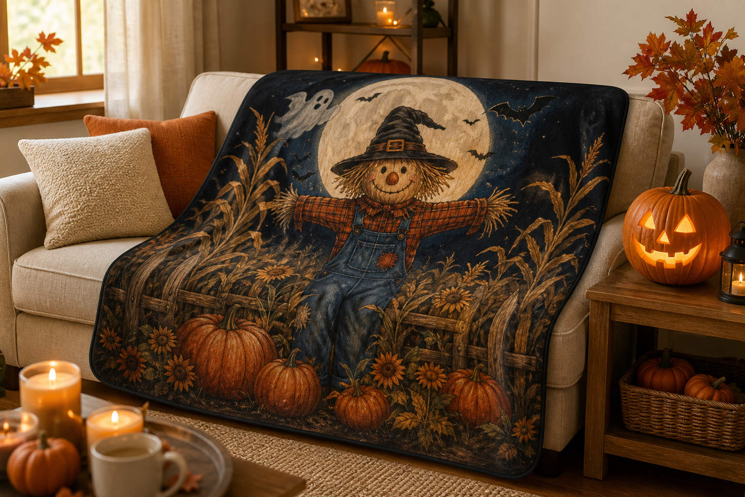 Scarecrow Moonlit Night Throw Blanket Flannel
