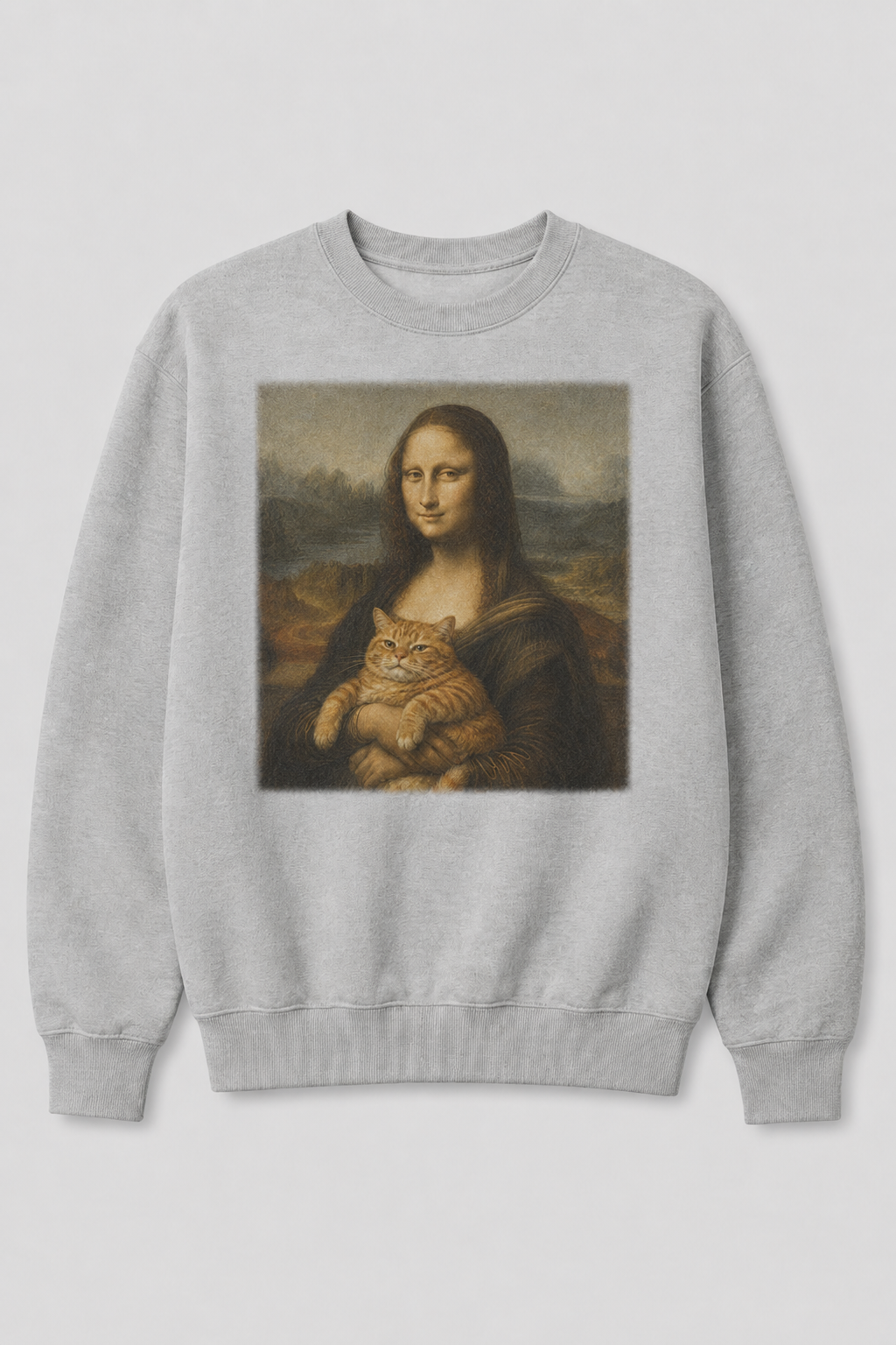 Mona Lisa Cat Graphic 100% Cotton Crewneck Sweatshirt
