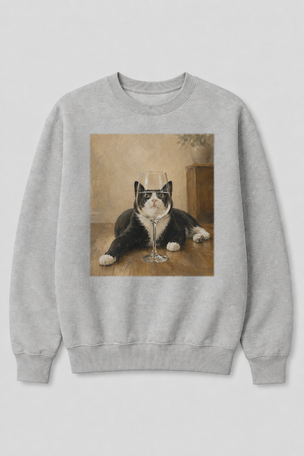 Cat with Wine Glass Vintage Graphic 100% Cotton Crewneck Sweatshirt