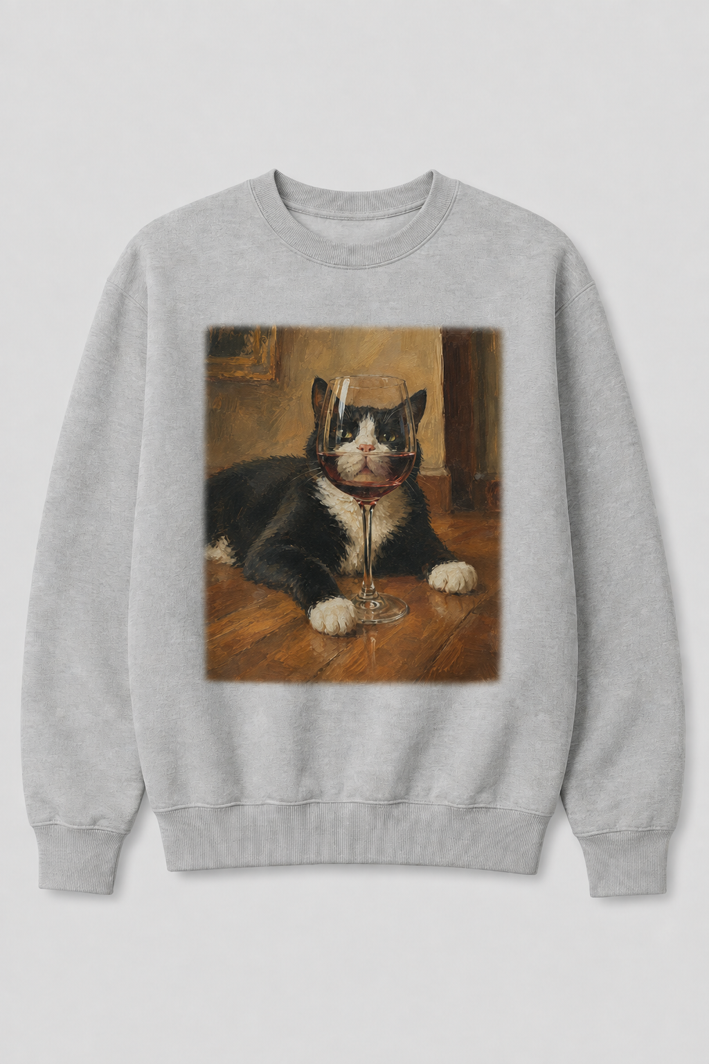 Cat with Wine Glass Vintage Graphic 100% Cotton Crewneck Sweatshirt