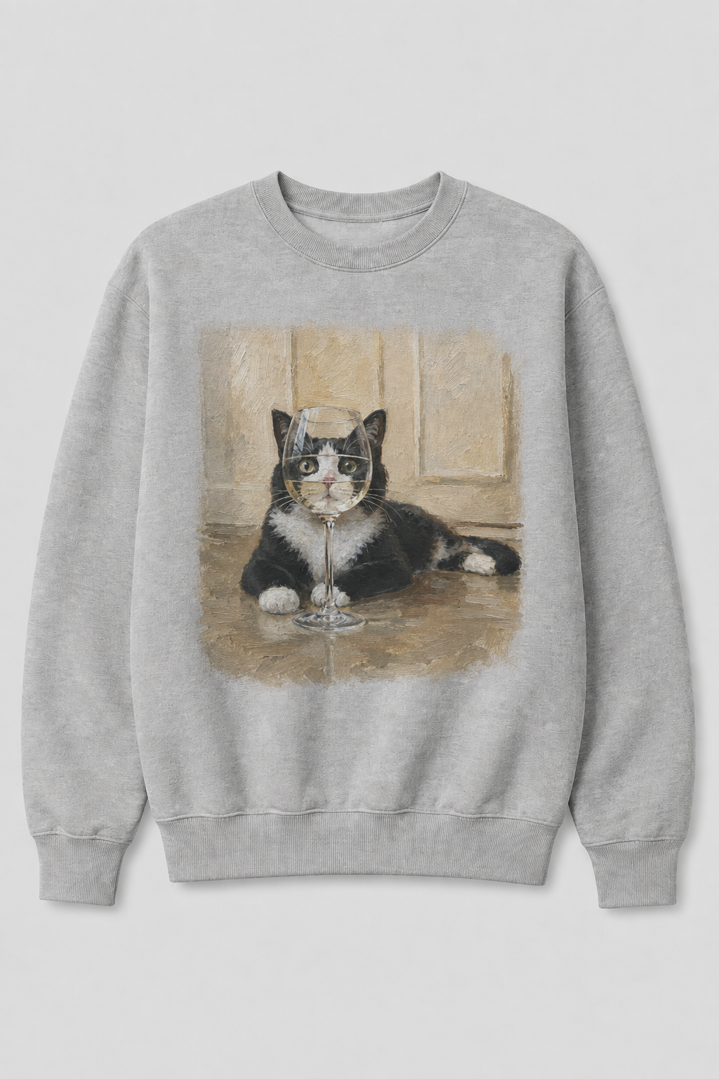 Cat with Wine Glass Graphic 100% Cotton Crewneck Sweatshirt
