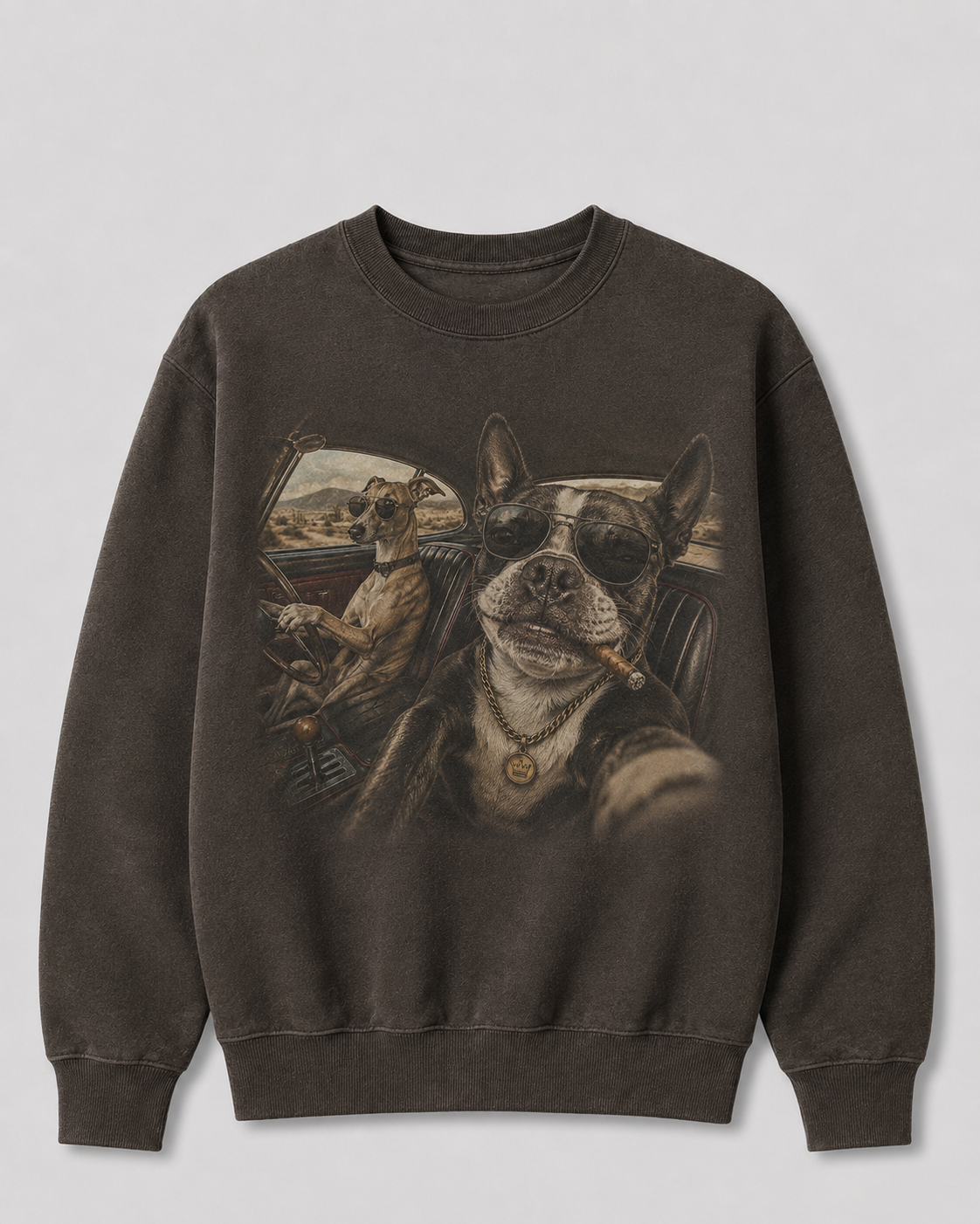 Cool Dogs Driving Graphic 100% Cotton Crewneck Sweatshirt