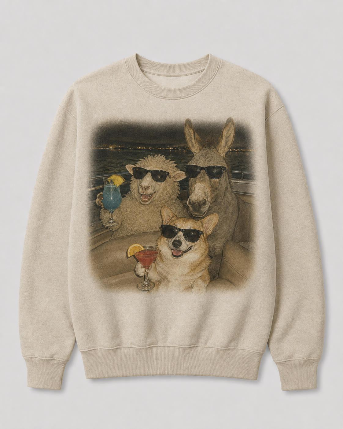 Cocktail Party Animal Graphic 100% Cotton Crewneck Sweatshirt