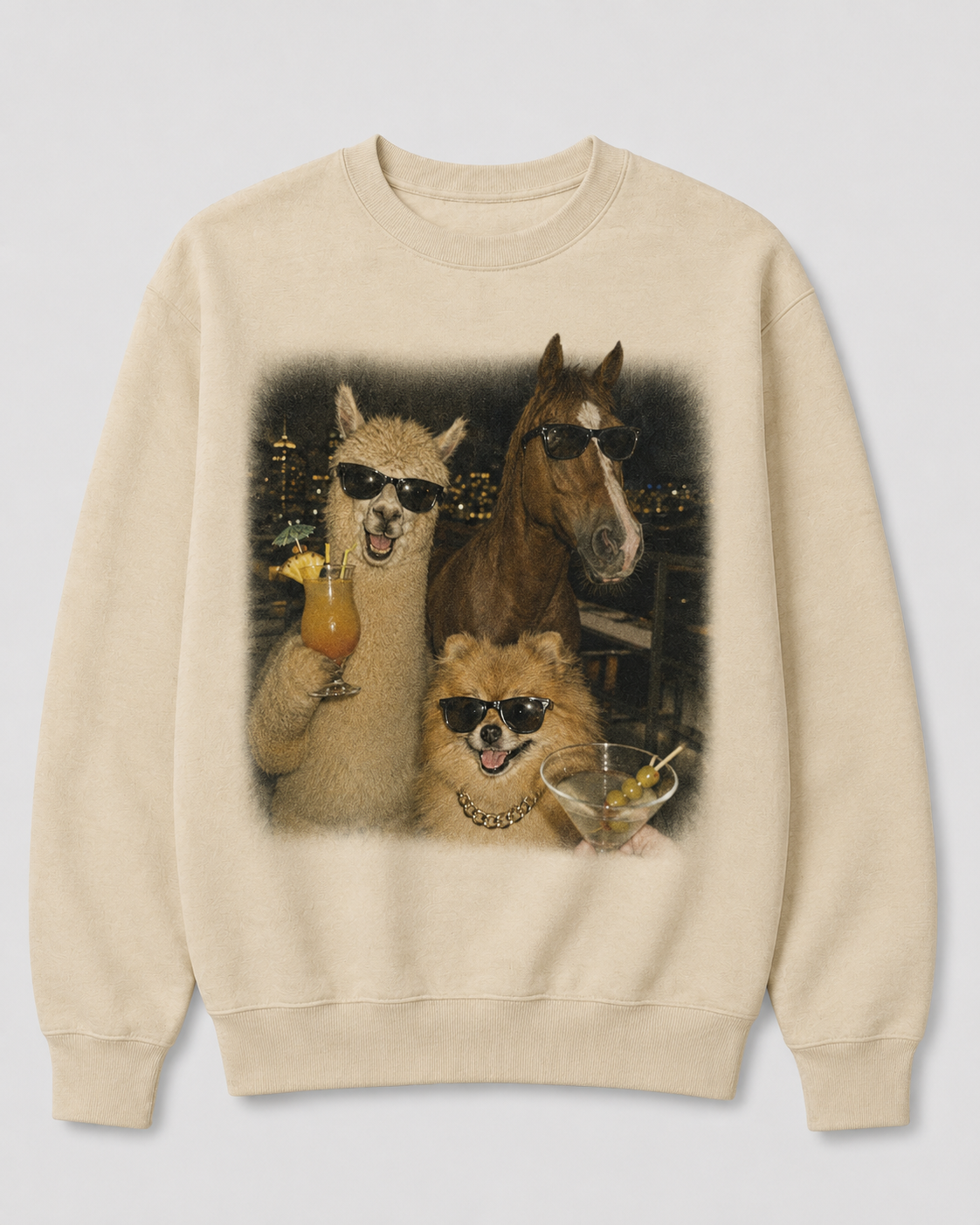 Cocktail Party Animal Graphic 100% Cotton Crewneck Sweatshirt
