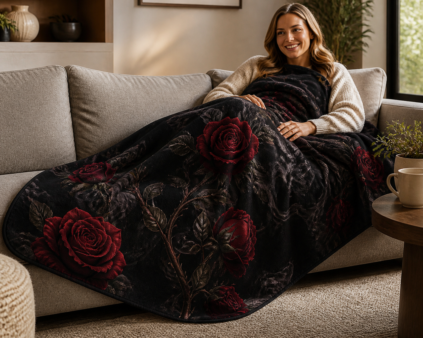 Dark Rose Floral Throw Blanket Flannel