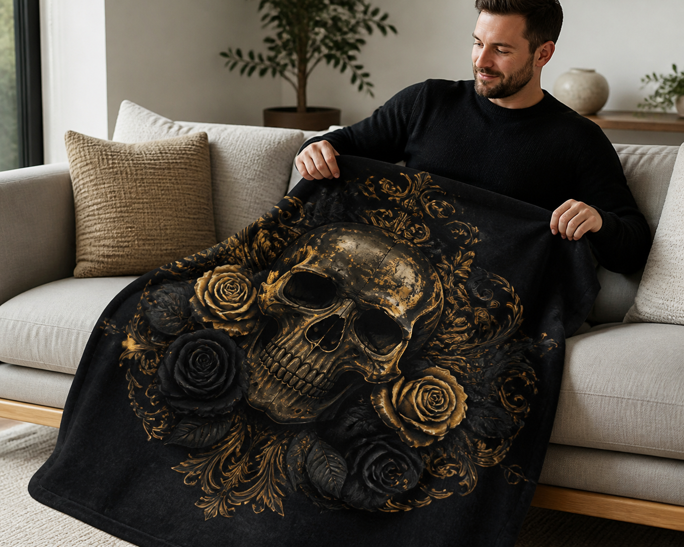Dark Gothic Skull Rose Throw Blanket Flannel