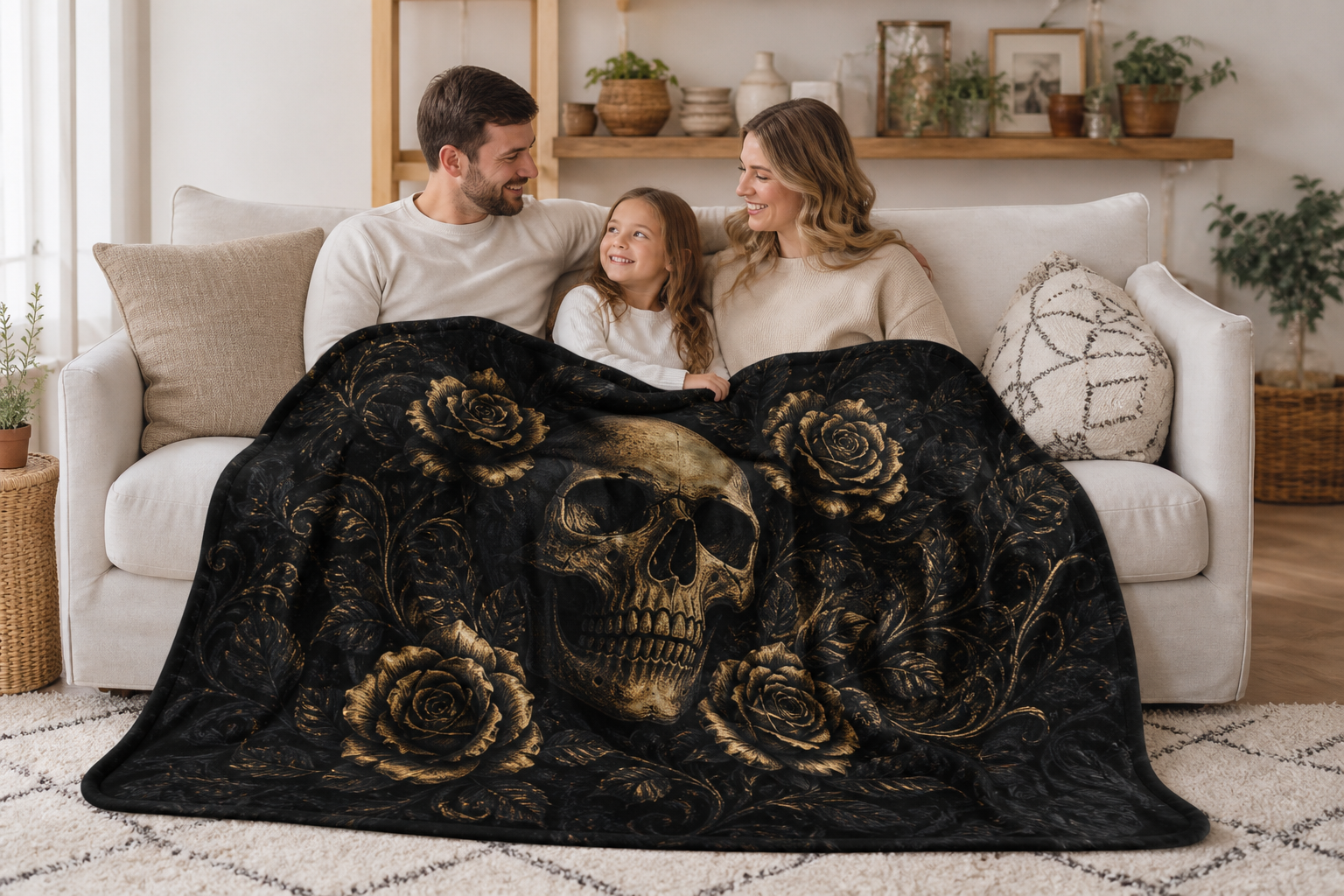 Dark Gothic Skull Rose Throw Blanket Flannel