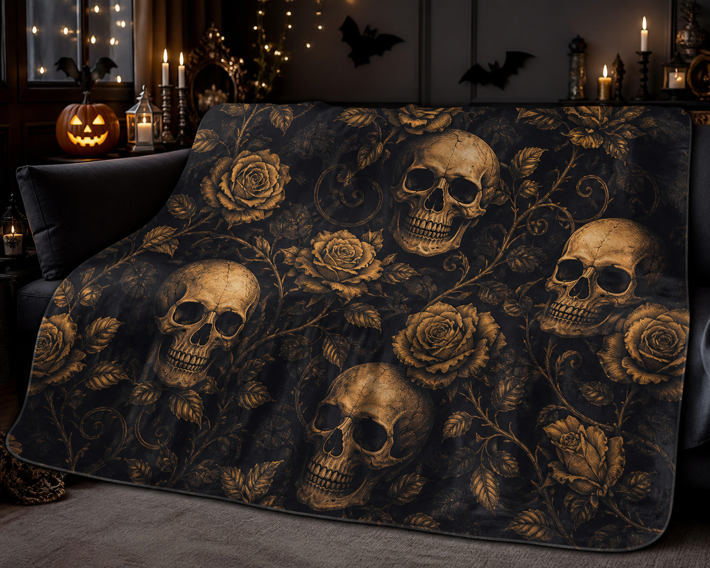 Dark Gothic Skull Rose Throw Blanket Flannel