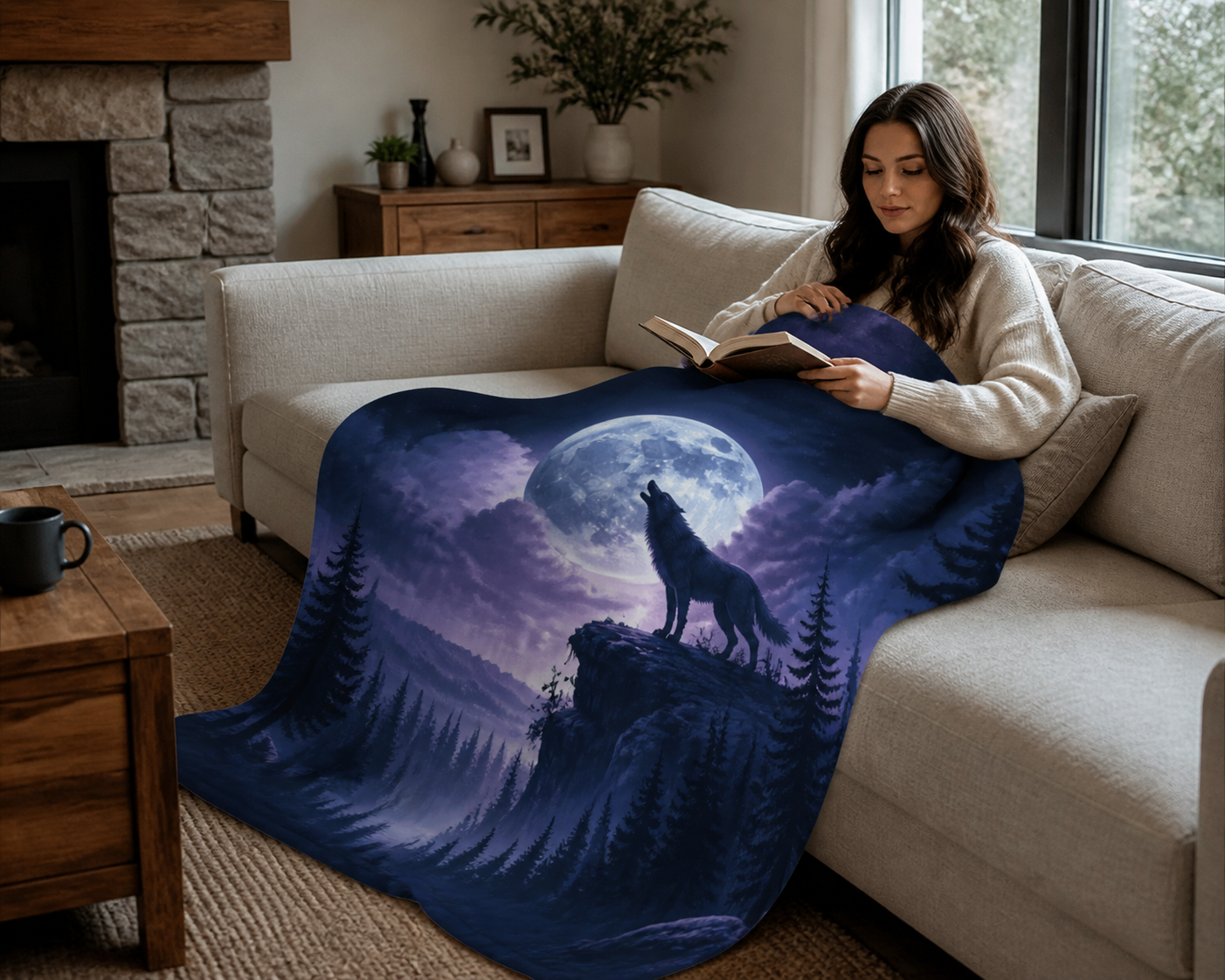 Moonlit Wolf Howl Throw Blanket Flannel