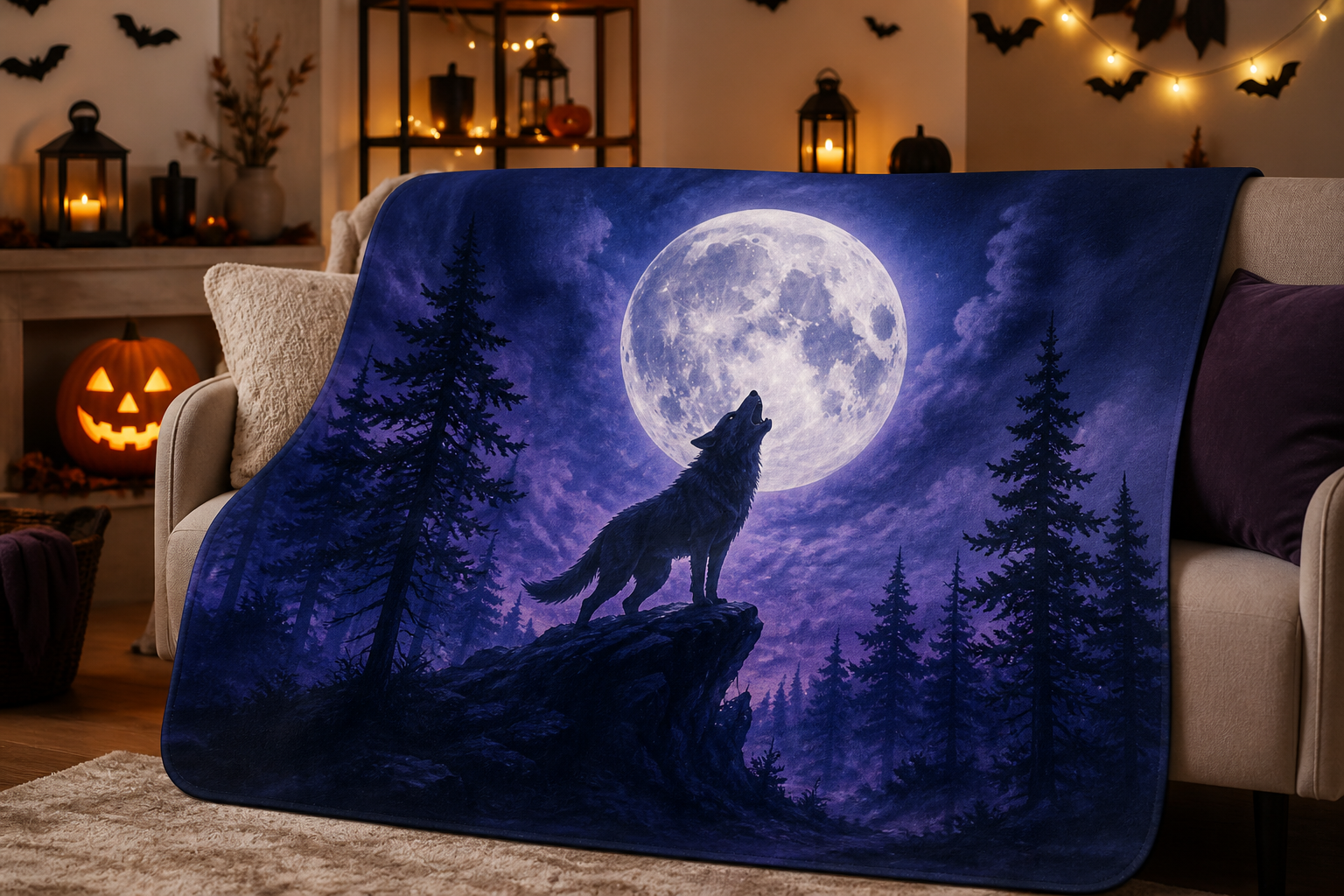 Moonlit Wolf Howl Throw Blanket Flannel