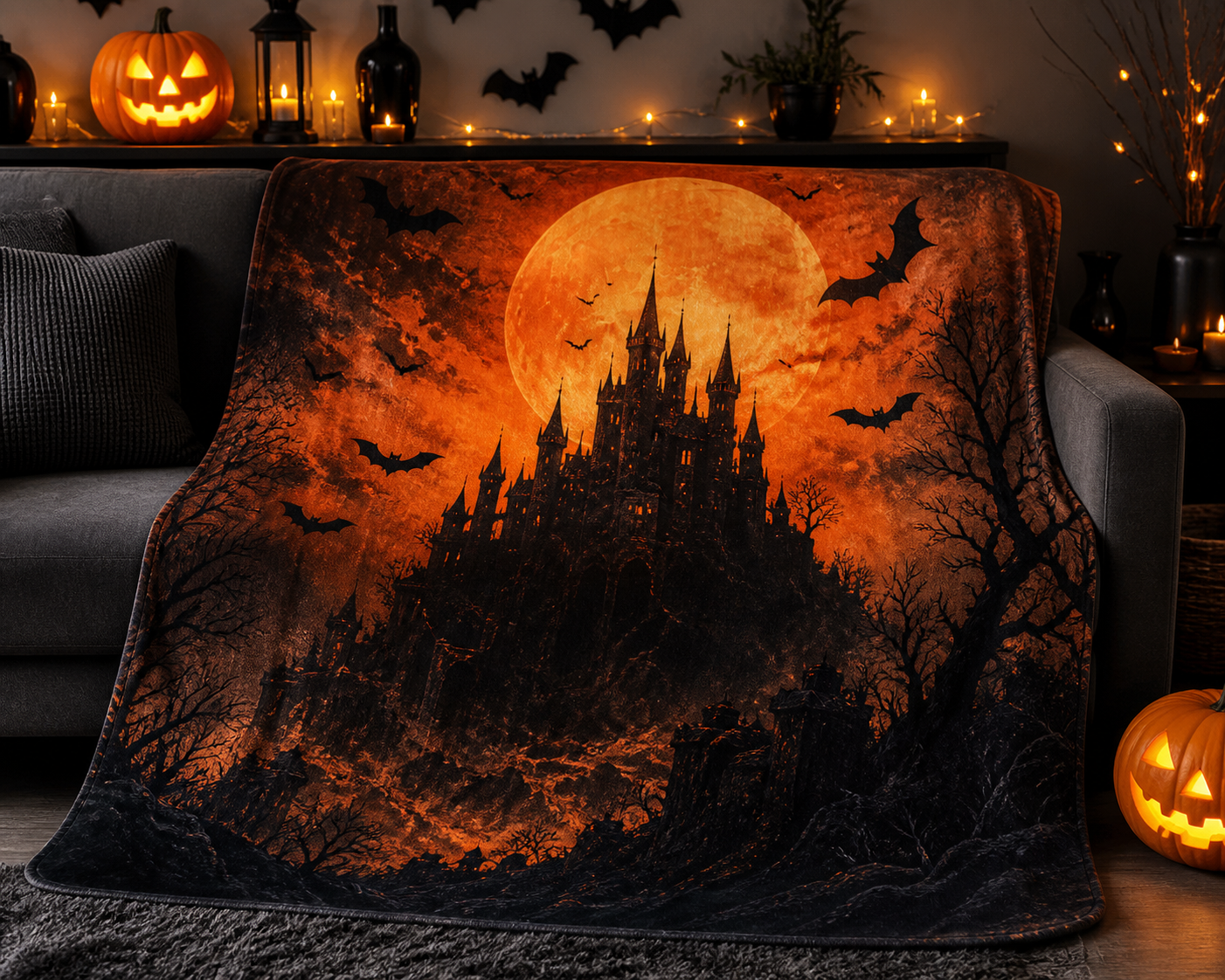 Dark Castle Bat Moon Throw Blanket Flannel