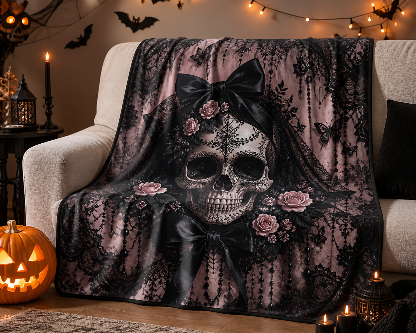 Gothic Skull Lace Blanket Throw Flannel