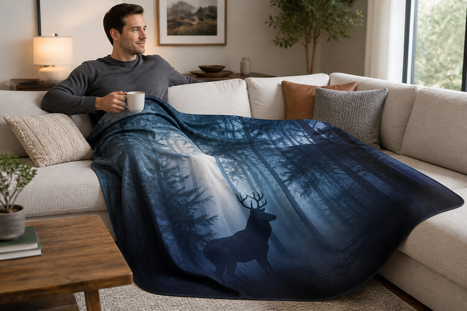 Dark Forest Stag Print Throw Blanket Flannel
