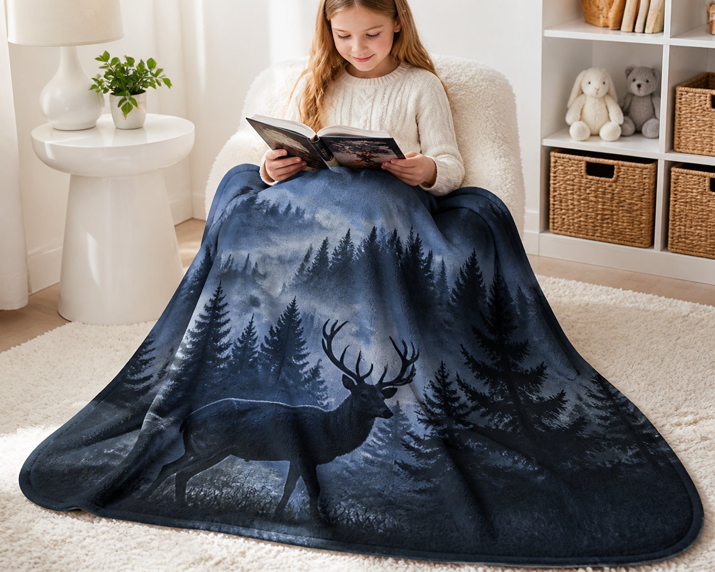 Dark Forest Stag Print Throw Blanket Flannel