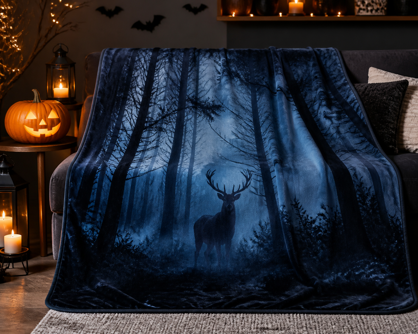 Dark Forest Stag Print Throw Blanket Flannel