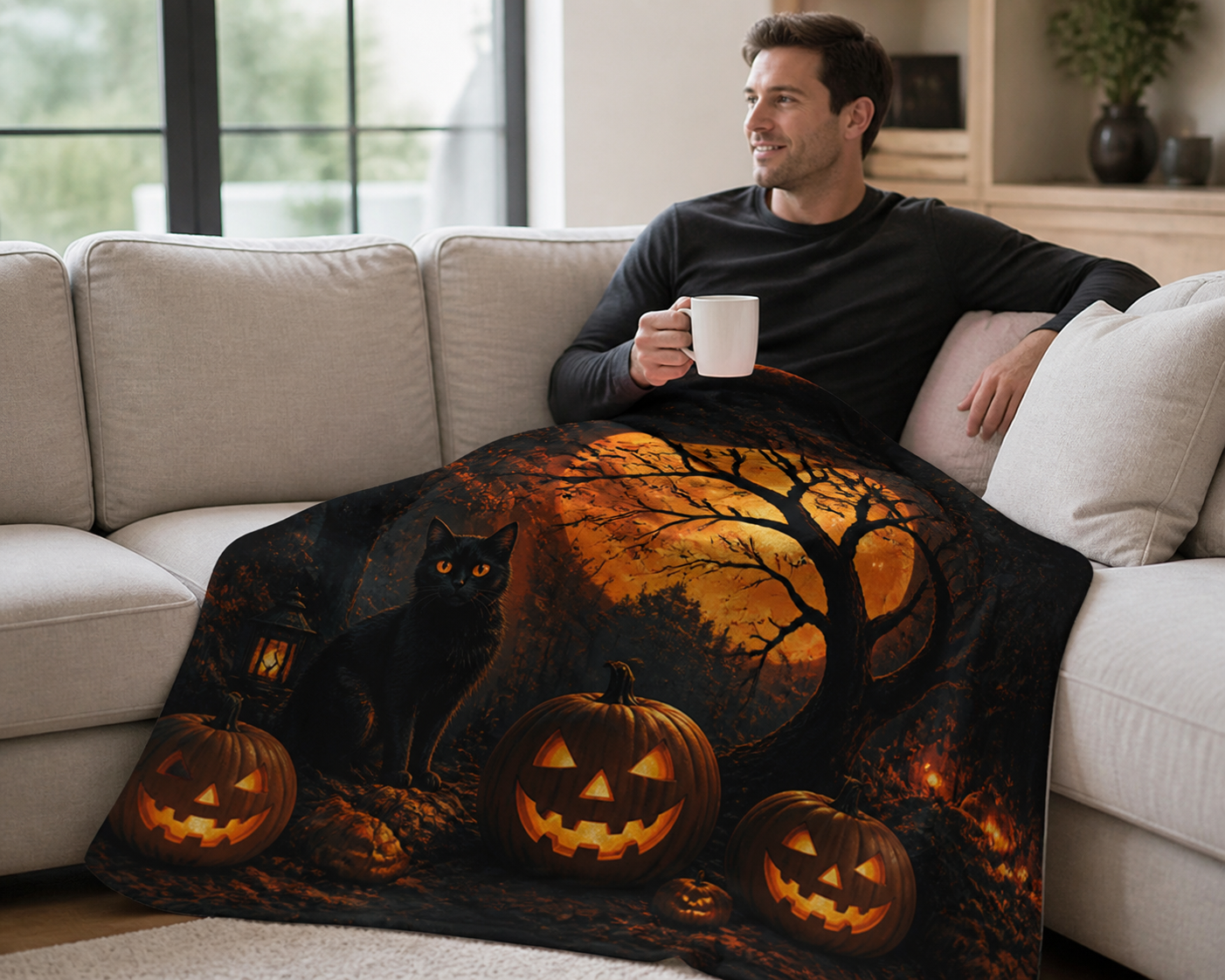 Halloween Cat and Pumpkins Throw Blanket Flannel