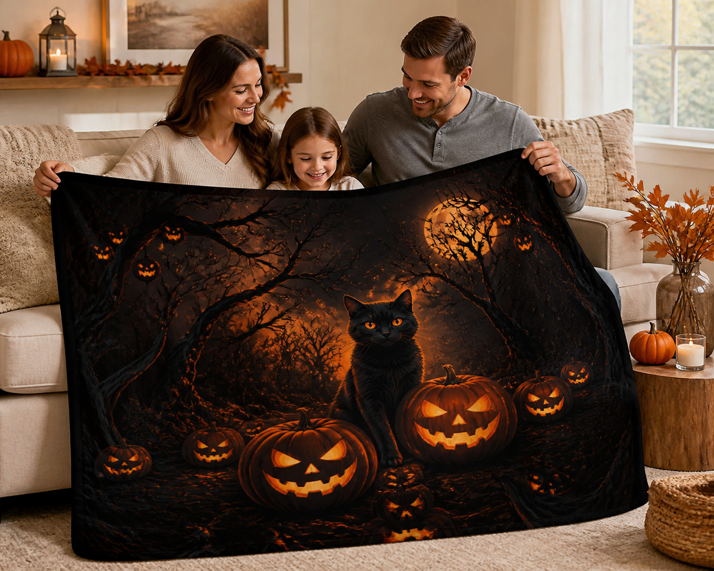 Halloween Cat and Pumpkins Throw Blanket Flannel