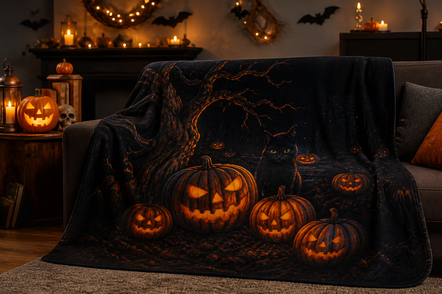 Halloween Cat and Pumpkins Throw Blanket Flannel