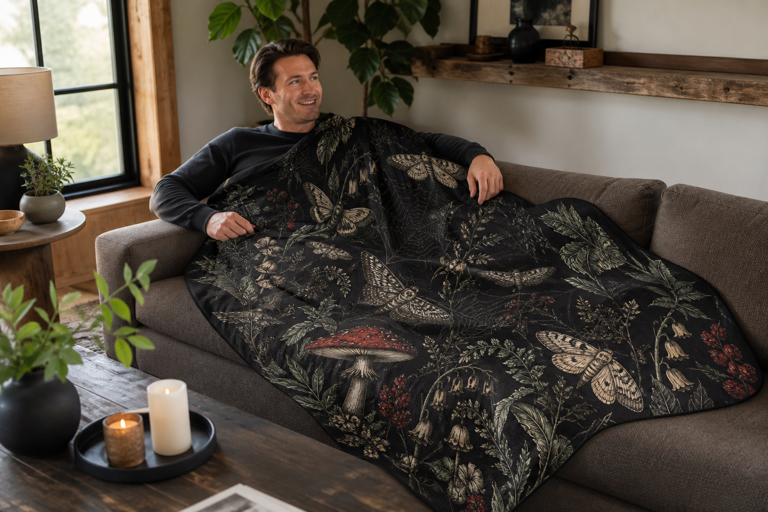 Gothic Botanical Moth Throw Blanket Flannel