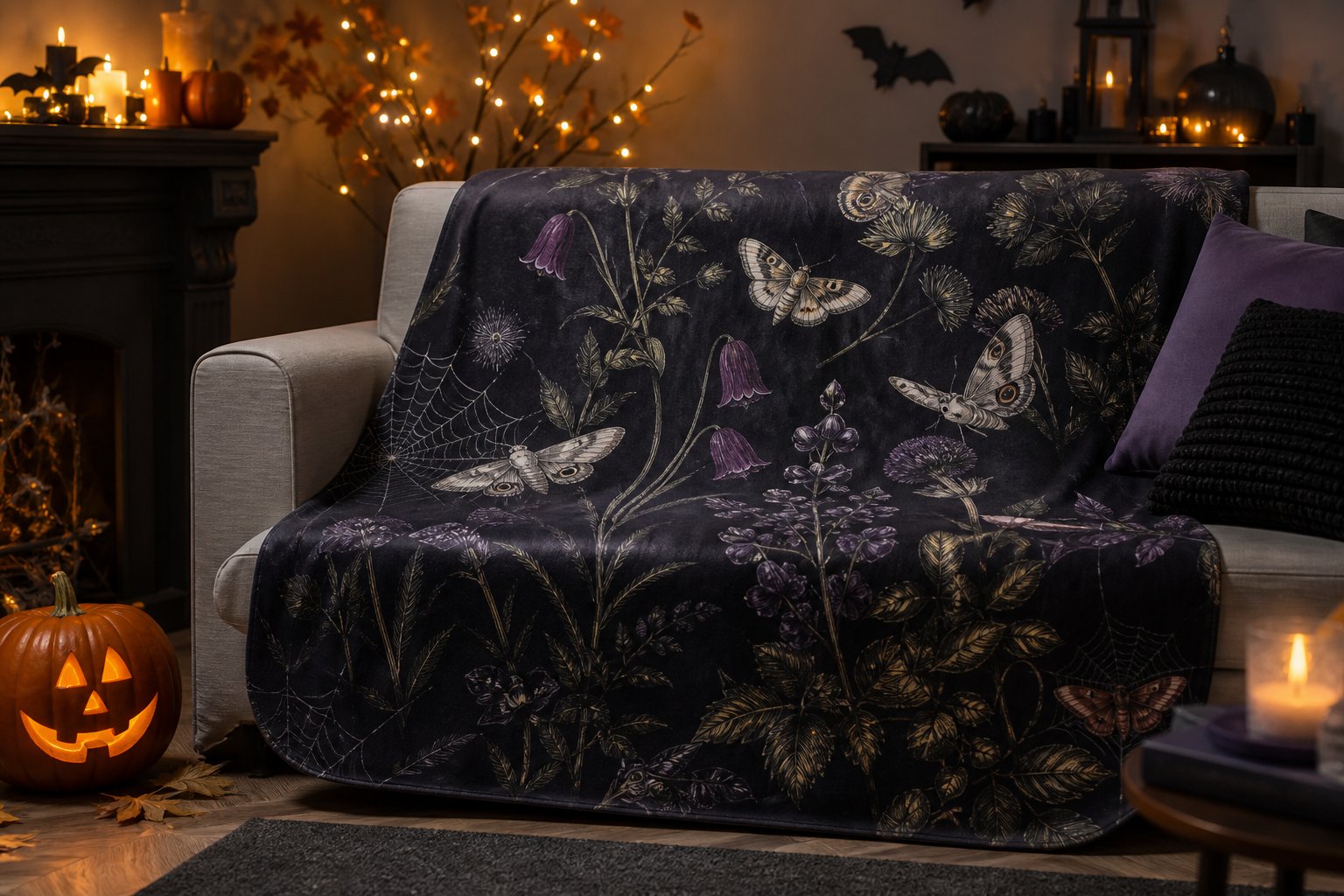 Gothic Botanical Moth Throw Blanket Flannel