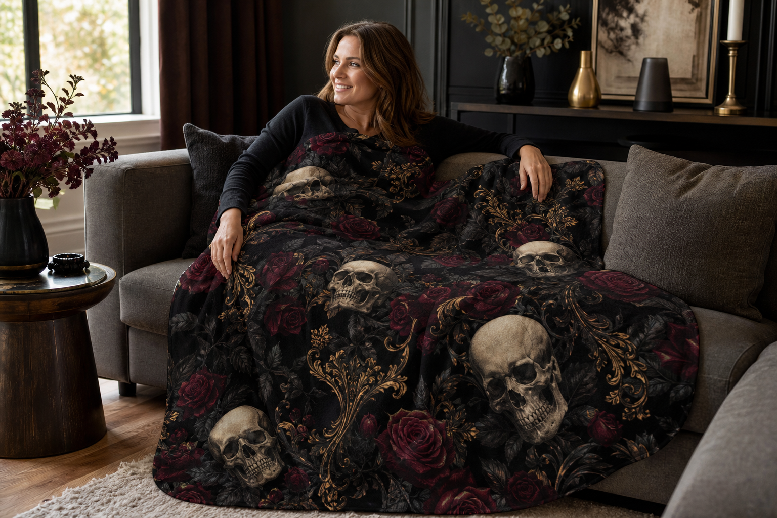 Black Rose Skull Print Throw Blanket Flannel