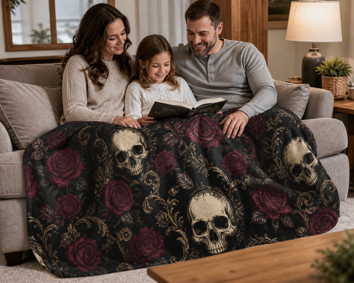 Black Rose Skull Print Throw Blanket Flannel