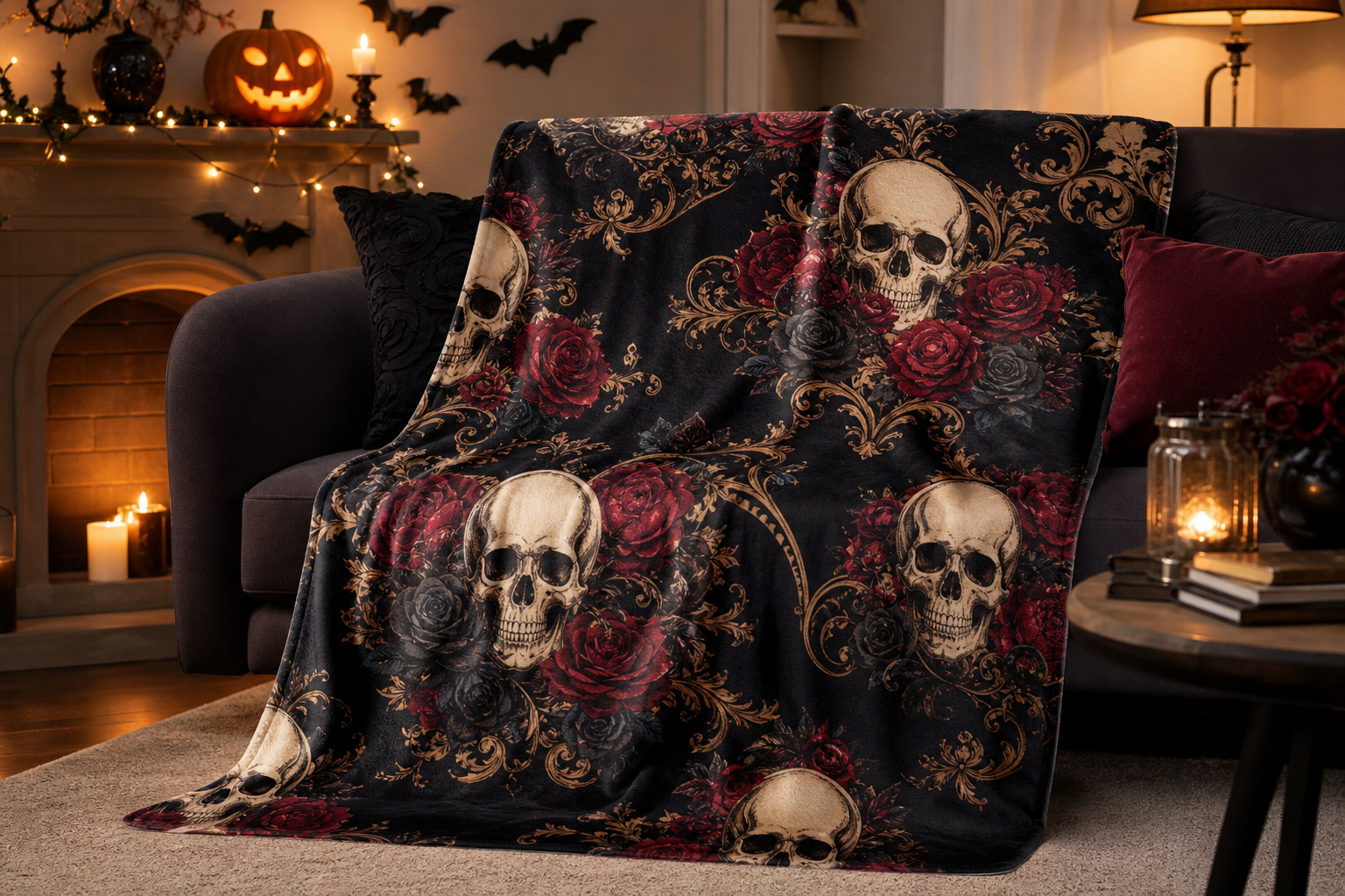 Black Rose Skull Print Throw Blanket Flannel