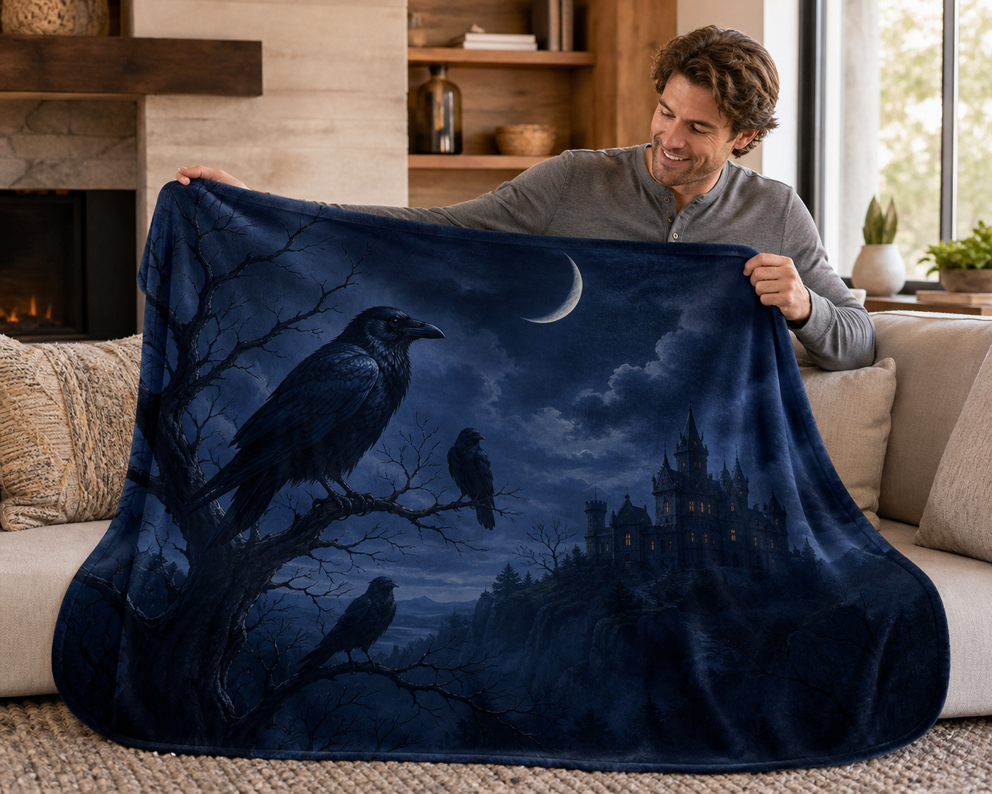 Gothic Raven Moon Castle Throw Blanket Flannel