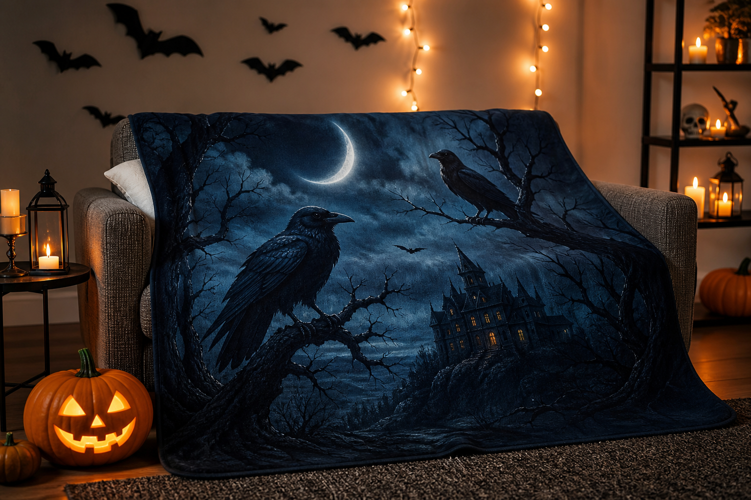 Gothic Raven Moon Castle Throw Blanket Flannel