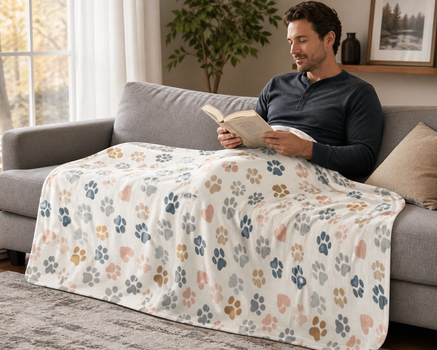 Paw Print Heart Pattern Throw Blanket Flannel