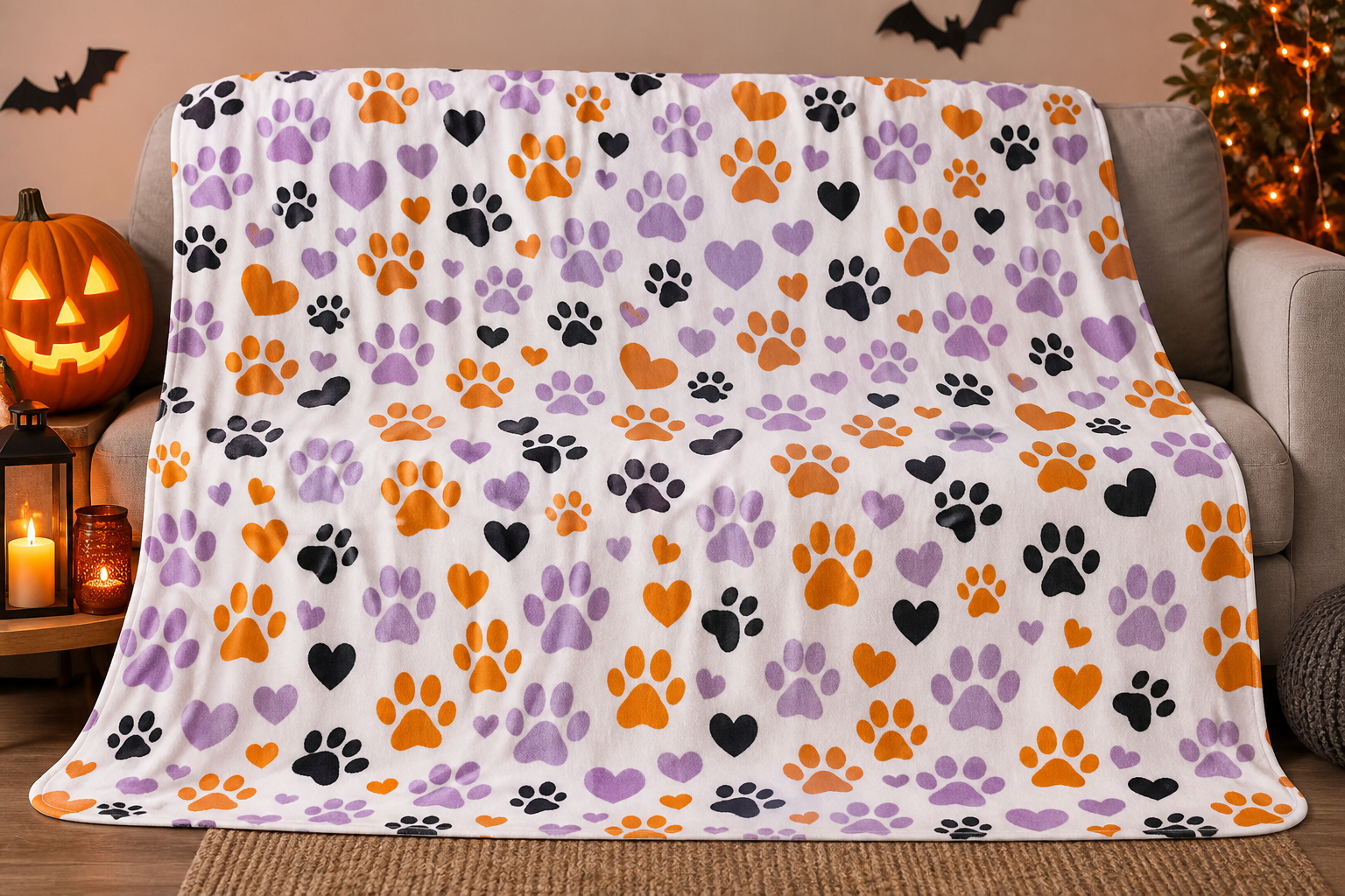 Paw Print Heart Pattern Throw Blanket Flannel