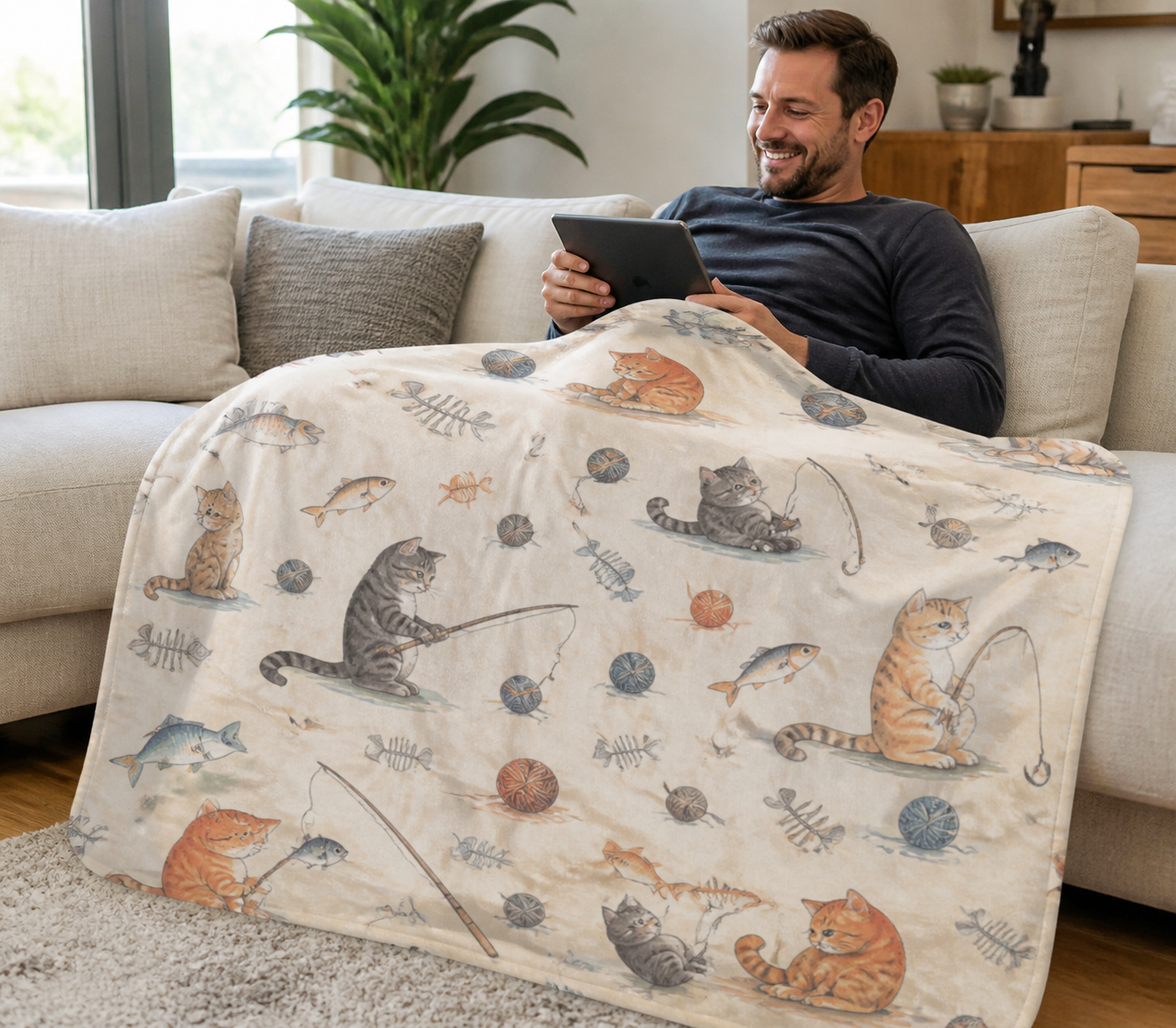 Cute Cat Fishing Dream Throw Blanket Flannel