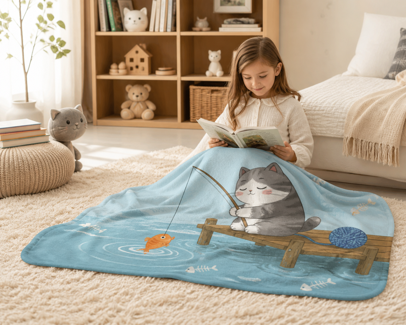 Cute Cat Fishing Dream Throw Blanket Flannel