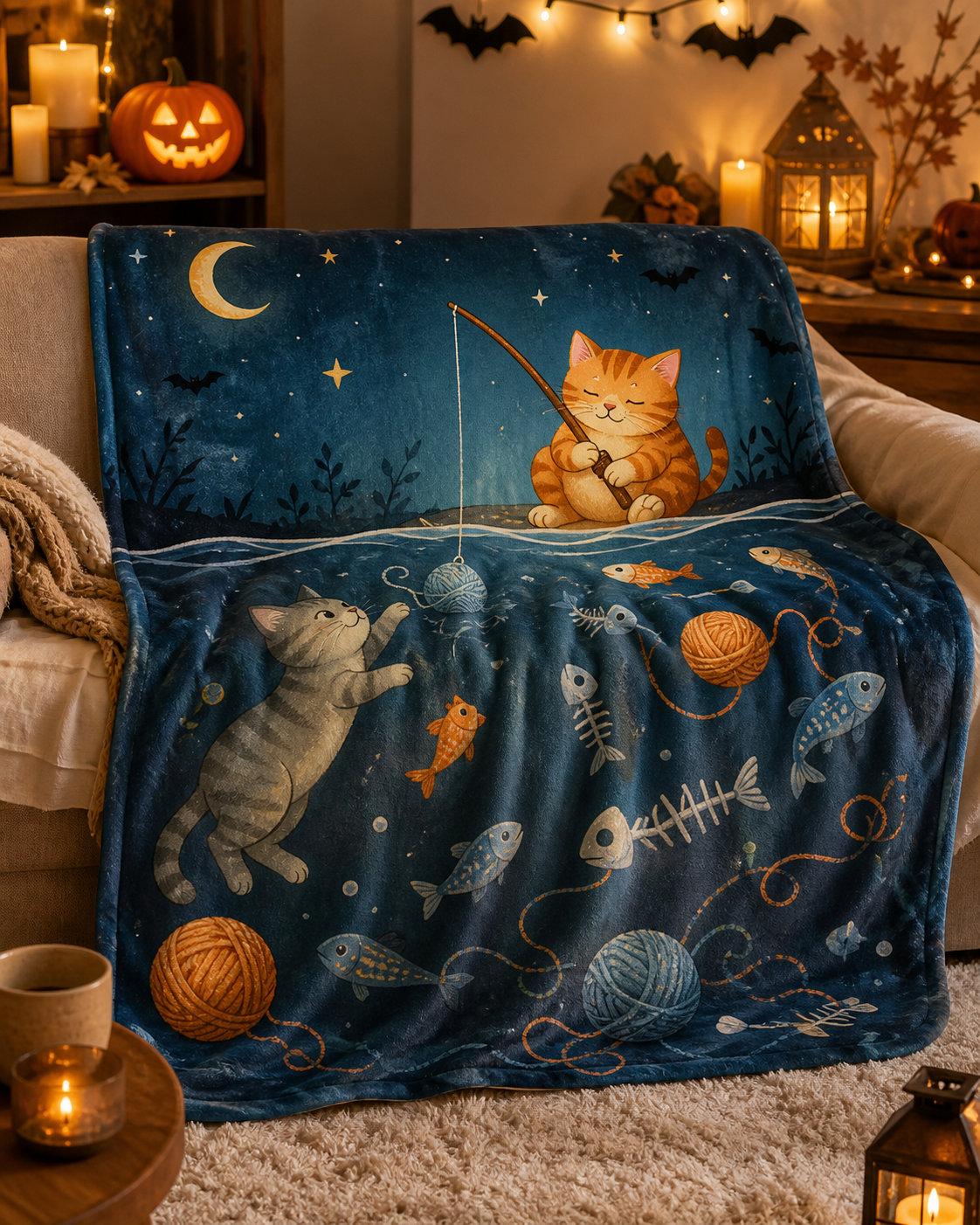 Cute Cat Fishing Dream Throw Blanket Flannel